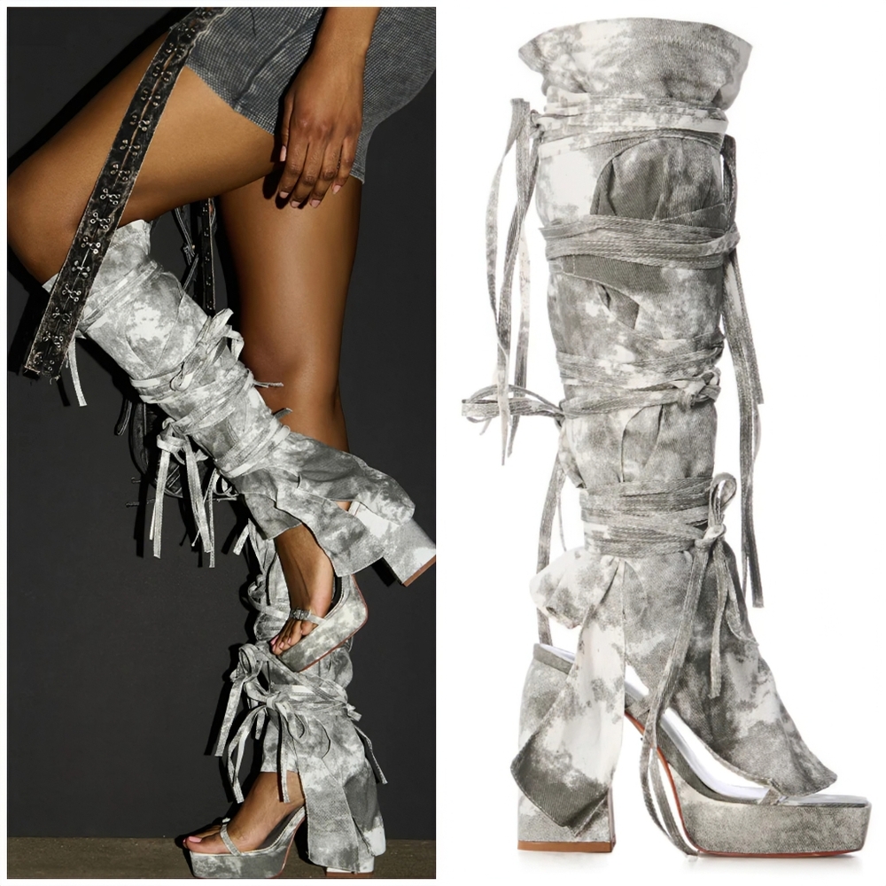 AZALEA WANG "2 In 1" Lennox Strappy Grunge Distressed Party Acid Wash Sandal NWT